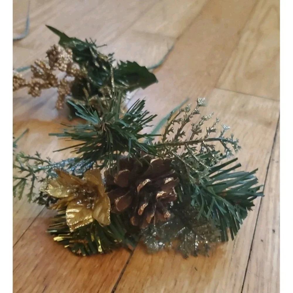 Artificial Pine Stem Fake Pine Cone Glitter Fruit Apple Gold Details Floral Pick
